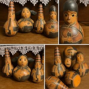 Vintage Hand-Carved Gourd Figurine Set – Peruvian Folk Art Musicians (Set of 5)